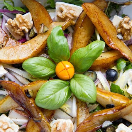 Flambeed Pear Salad, Blue Camembert, and Walnut Salad