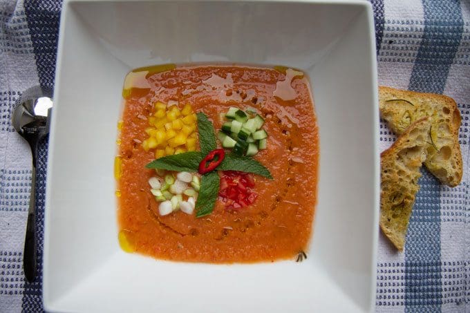 Gazpacho soup with garlic and rosemary ciabatta