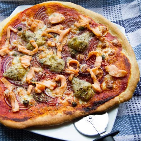 Smoked Salmon, Artichoke, and Red Onion Pizza