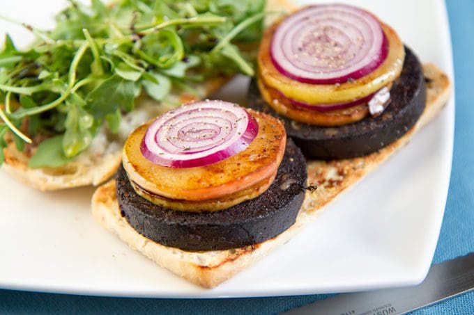 Black pudding, sautéed apple, red onion and rocket ciabatta