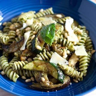 Fusilli pasta with pesto and griddled Mediterranean vegetables