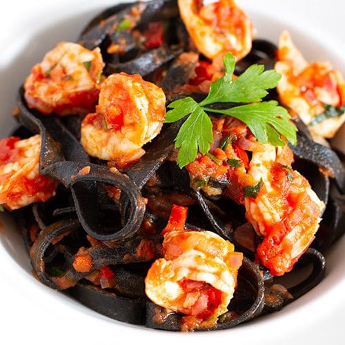 Chilli Tomato Prawn with Cuttlefish Ink Fettuccine