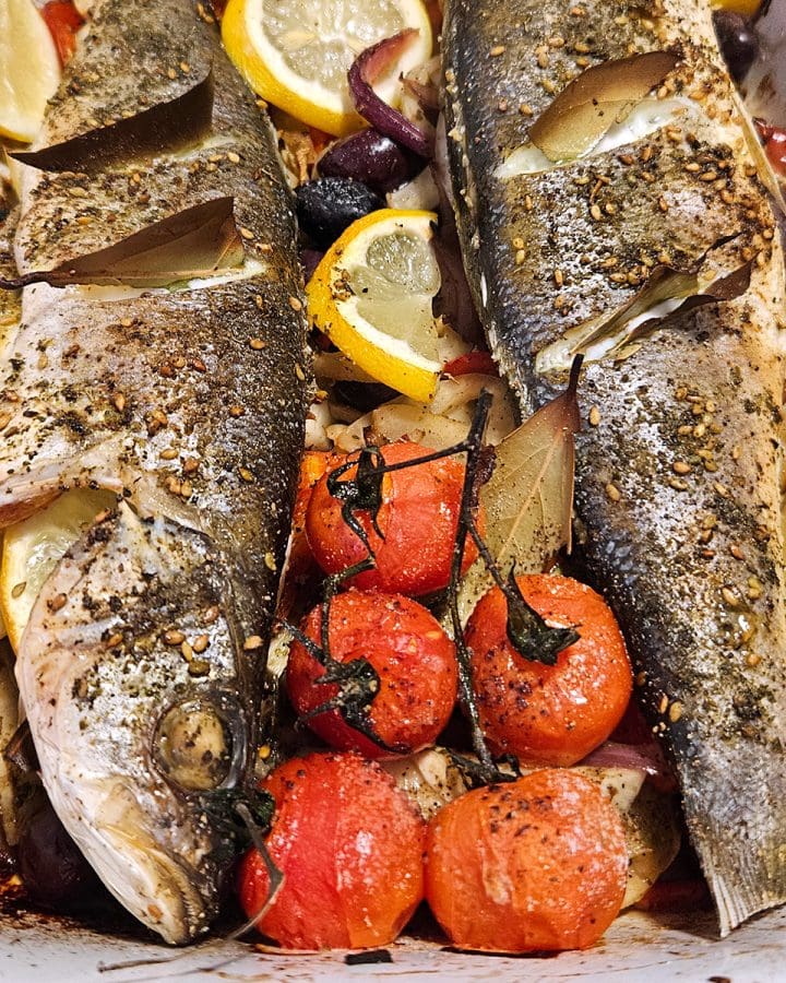 Baked Whole Sea Bass with Mediterranean Vegetables