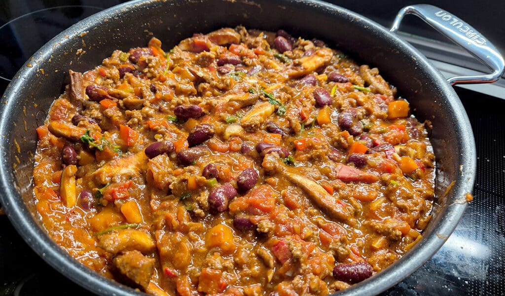 Chilli con carne on the hob in large casserole dish