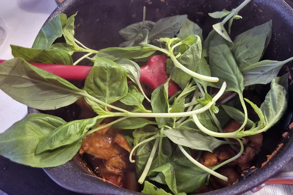 Adding generous bunch of Thai Basil to the saucepan